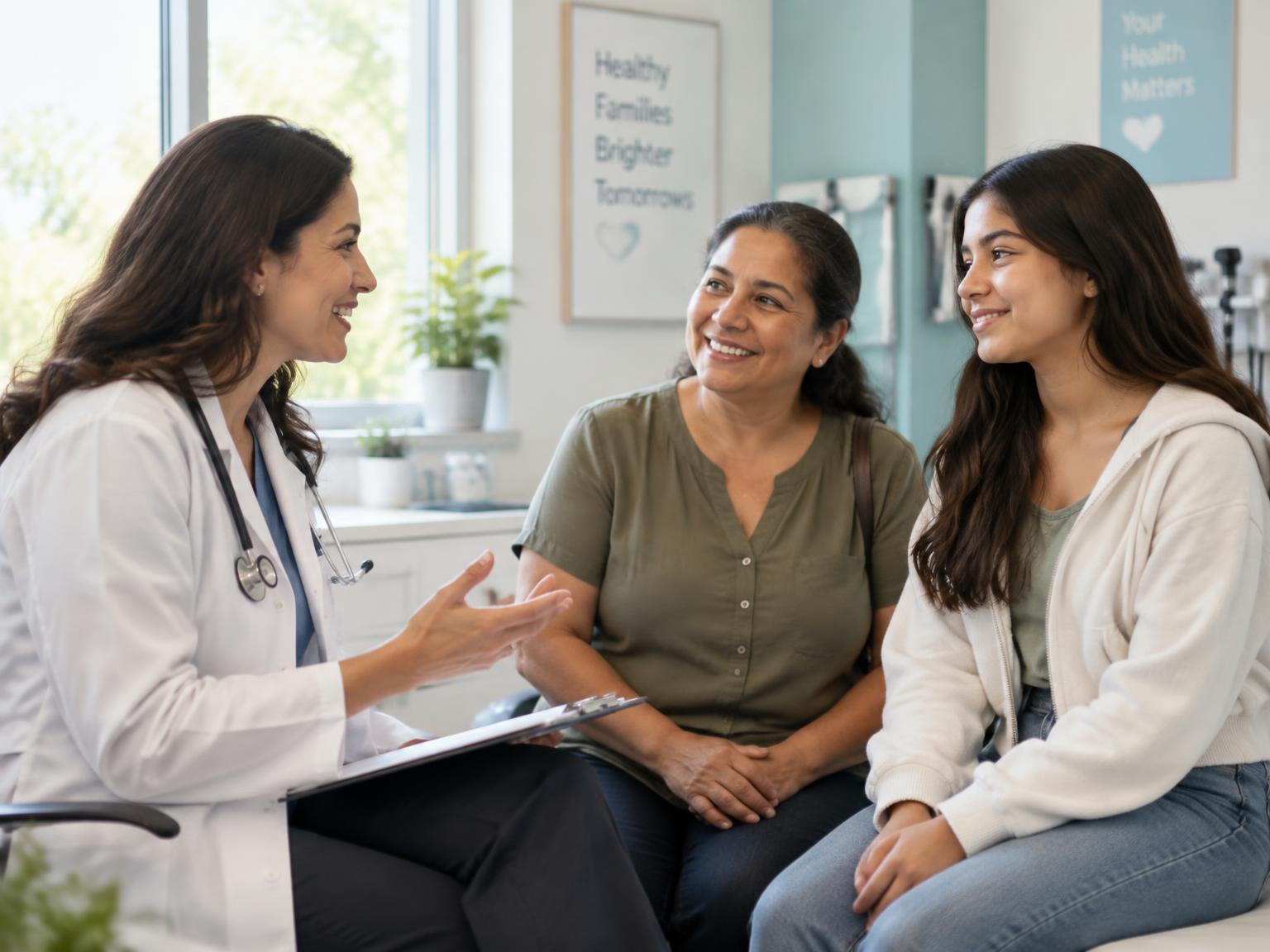 Doctor talking with a mother and daughter in a bright clinic room